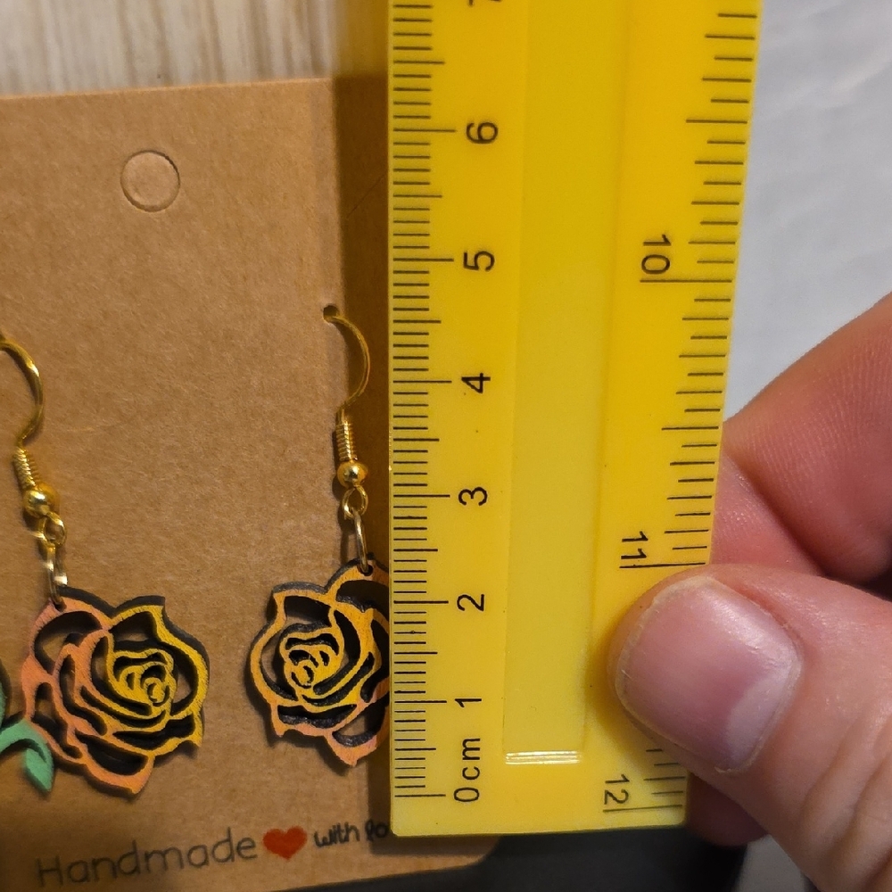 Handmade Rose Earrings with Gold and Green Accents - Picture 3 of 5